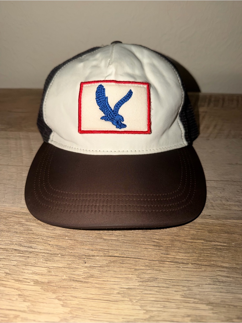 Zara White and Brown Trucker Cap with Blue Eagle Patch
